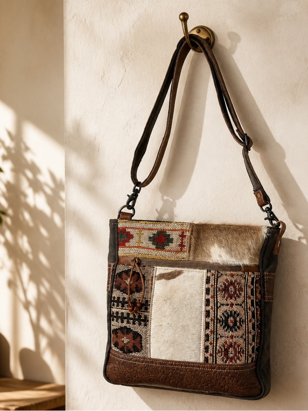 Myra Bag Boho Cowhide Tribal Rug Crossbody Canvas Leather Floral Purse NWT